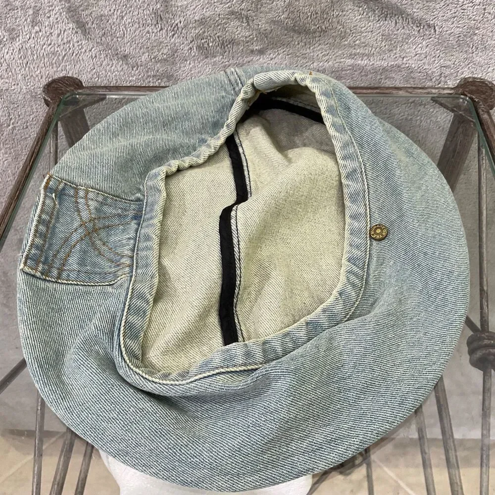 On The Momentum Denim Beret Flat Hat Women OSFM Boho Artsy Parisian Logo button